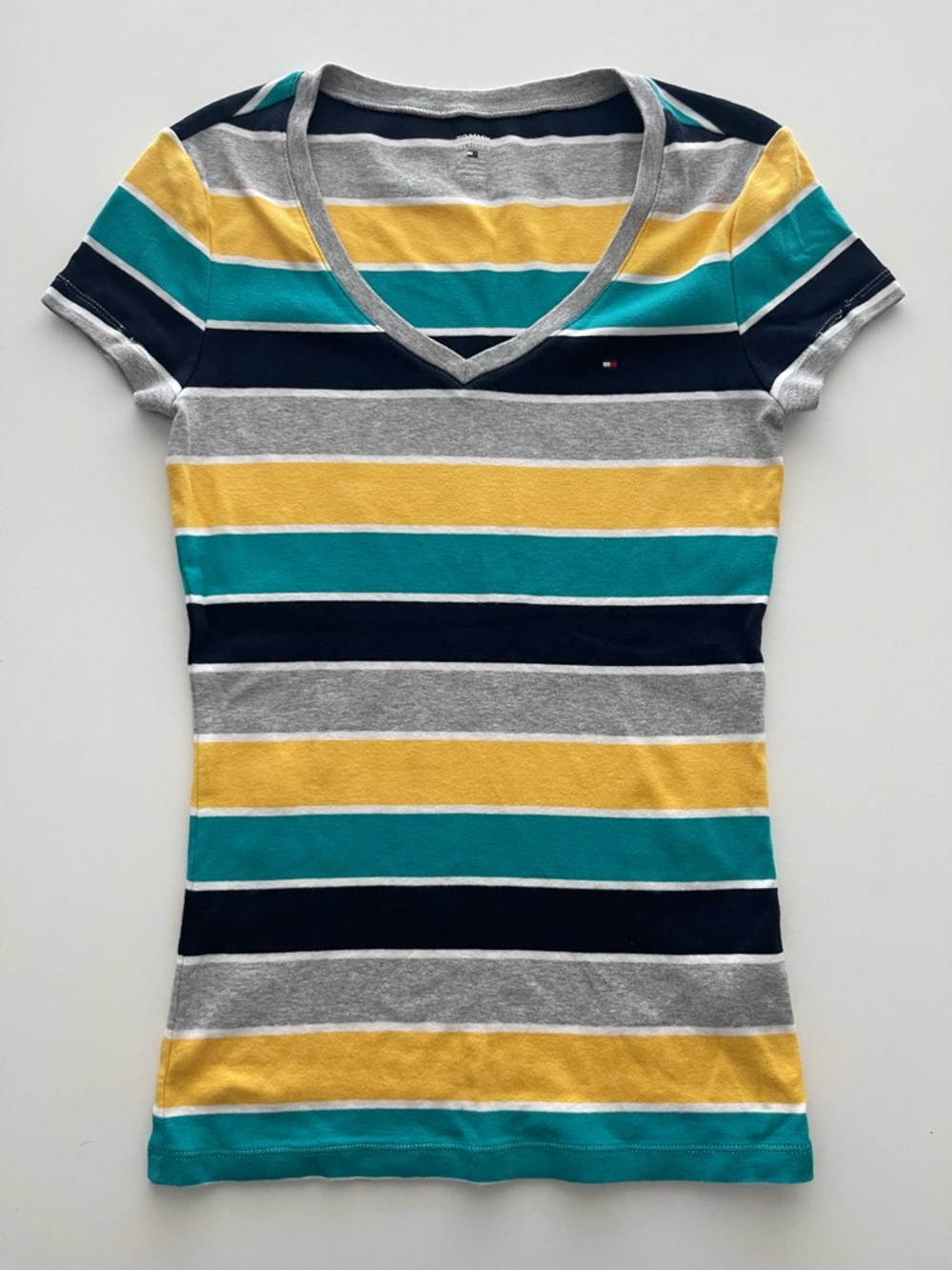 Tommy Hilfiger Striped V-Neck Tee in Yellow, Teal, Navy, Gray